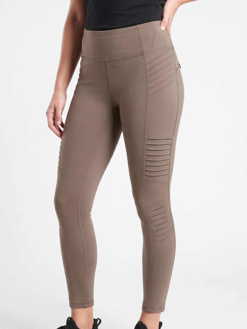 Athleta Delancey Moto Tight Taupe Ribbed Panel High-Rise Leggings